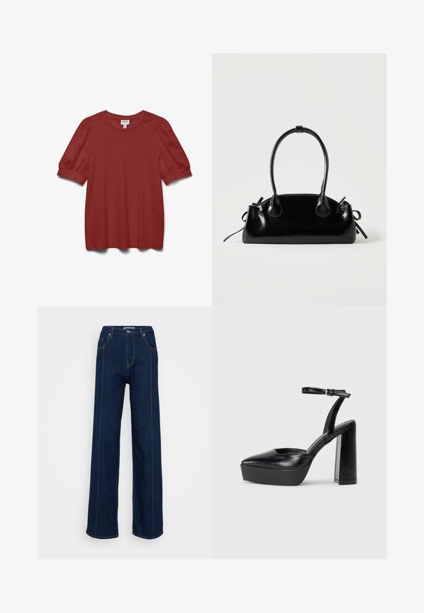 Blusa de manga corta en rojo óxido con mangas abullonadas, cuello redondo y detalle ajustado en el puño.; Jeans de tiro alto y pierna ancha de color azul oscuro, con bolsillos frontales, passantes para cinturón y costuras de contraste sobre un fondo claro.; Zapatos de tacón negro con punta afilada y correa ajustable en el tobillo. Confeccionados en cuero suave, presentan un tacón grueso.; Pequeño bolso negro brillante con dos asas largas y detalles de cordón lateral sobre un fondo claro liso.