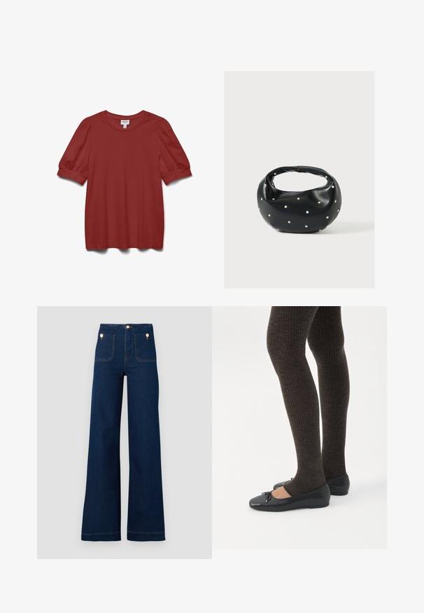 Blusa de manga corta en rojo óxido con mangas abullonadas, cuello redondo y detalle ajustado en el puño.; Jeans de tiro alto de pierna ancha en azul oscuro, con detalles de botones dorados, dos bolsillos en la parte delantera y trasera y costuras en contraste. Tejido de mezclilla texturizado.; Piernas con leggings oscuros acanalados combinados con bailarinas negras que presentan pequeños detalles de lazo sobre un fondo blanco.; Bolso de mano de cuero negro con forma redondeada, decorado con detalles de tachuelas plateadas y un asa corta. Textura lisa y cierre con cremallera.