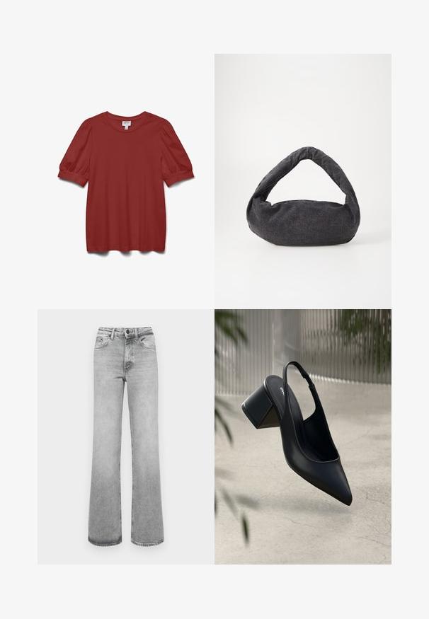 Roodbruine korte mouwen blouse met pofmouwen, een ronde hals en een aansluitend manchetdetail.; Lichtgrijze vervaagde rechte spijkerbroek met voorzakken, riemlussen en een knoop- en ritssluiting.; Zwarte leren slingback hak met een spitse neus en een blokhak. Glad oppervlak, minimalistisch ontwerp en verstelbare enkelband.; Donkergrijze stoffen tas met een gebogen handvat, zachte textuur en ronde vorm. Geen zichtbare hardware of versieringen.