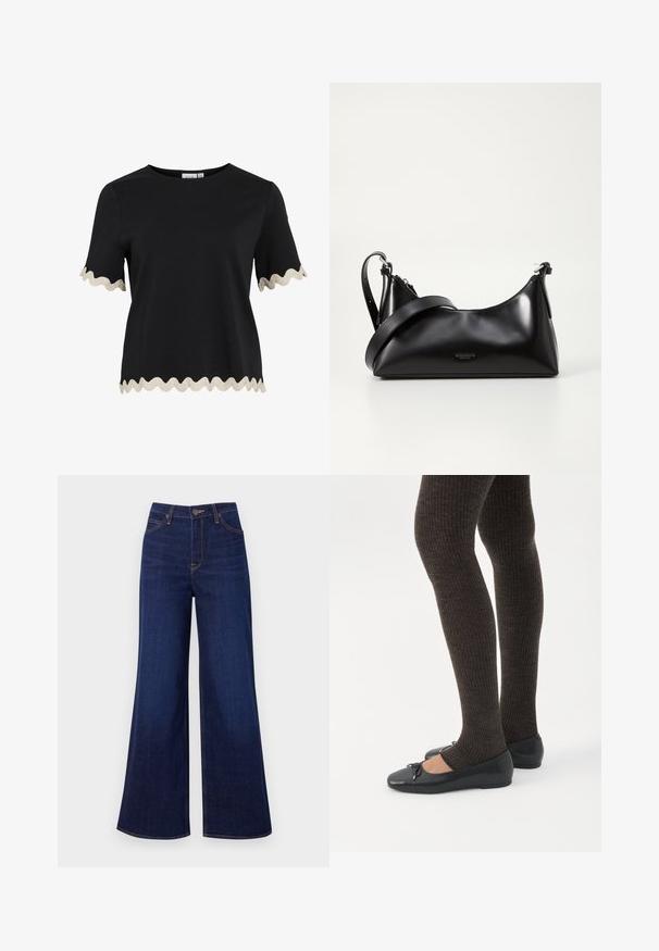 Top negro de manga corta con ribete beige ondulado en las mangas y el dobladillo, con escote redondo y corte recto.; Jeans de pierna ancha de un azul oscuro, hechos de denim, con una cintura alta, diseño de cinco bolsillos y costuras naranjas contrastantes a lo largo de las costuras.; Piernas con leggings oscuros acanalados combinados con bailarinas negras que presentan pequeños detalles de lazo sobre un fondo blanco.; Bolso de mano de cuero negro con una textura suave. Cuenta con una correa ajustable y un diseño elegante y minimalista con cierre de cremallera.
