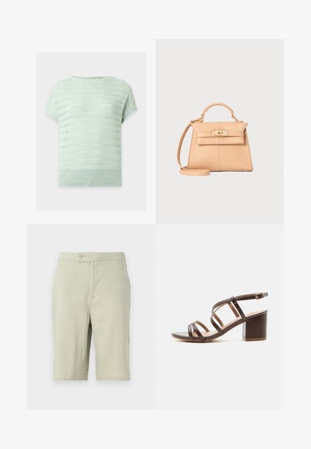 Pull tricoté vert clair à manches courtes avec un motif ajouré rayé et un ourlet côtelé sur un fond uni.; Shorts gris clair en tissu doux. Dotés d'une fermeture à bouton, de poches latérales et d'une coupe droite.; Sandale marron en cuir à brides avec un talon bloc de hauteur moyenne et une bride de cheville réglable avec boucle sur fond blanc.; Sac à main en cuir beige au design structuré, avec une poignée supérieure, une bandoulière réglable et des détails en laiton doré. Texture lisse, design minimaliste.