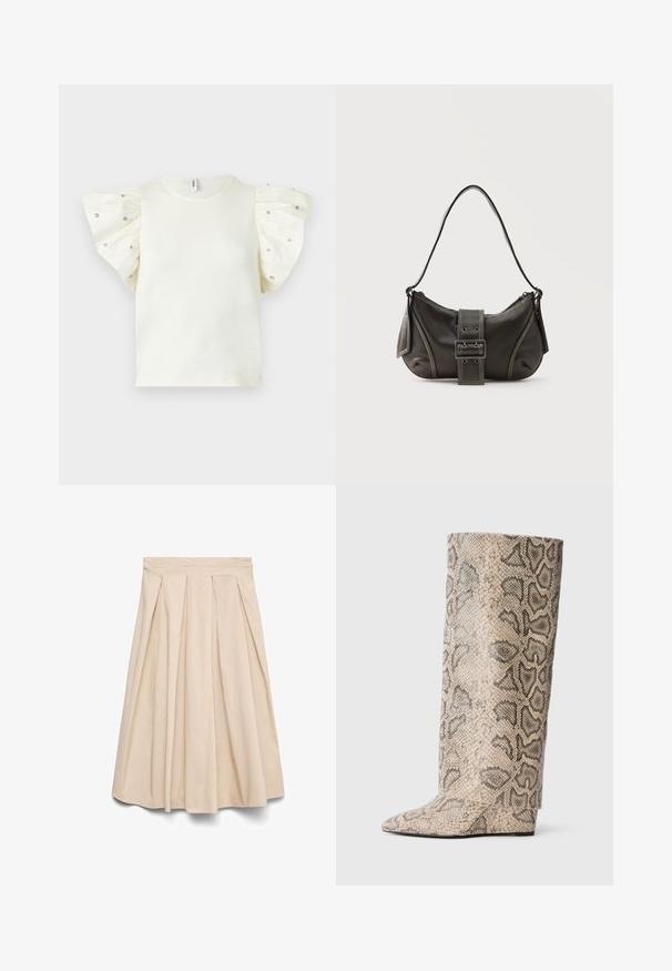 Witte top met korte mouwen met opgeblazen mouwen, versierd met kleine glanzende studs, ronde halslijn en effen body.; Beige midirok met hoge taille en plooien aan de voorkant, uitlopende silhouet en gladde stof.; Hoge, spitse laarzen in een beige en zwarte slangenprint. Gemaakt van gestructureerd synthetisch materiaal met een elegante, fijne afwerking.; Zwarte leren schoudertas met gespsluiting aan de riem, afgeronde hoeken en contrasterende witte stiksels op een effen achtergrond.