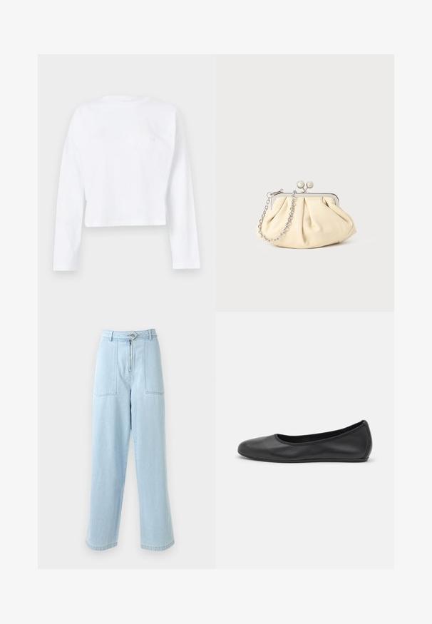 CLOSED CREWNECK LONGSLEEVE - Longsleeve - white; Lichtblauwe wijde jeans met een hoge taille, voorzien van twee zijzakken, een ritssluiting en een knoopsluiting. Gemaakt van denimstof.; Zwarte leren ballerina met een ronde neus, gladde textuur, minimale stikdetails en een flexibele zoolontwerp.; Geplooide beige leren clutch met een zilveren metalen frame, voorzien van twee ronde decoratieve sluitingen en een zilveren kettingriem.