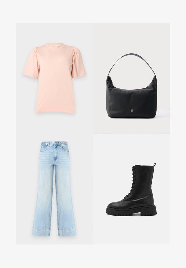 Lichtroze shirt met korte mouwen, opgepofde schouders en geplooide stofdetails bij de halslijn, weergegeven op een effen achtergrond.; Lichtblauwe wijde jeans met hoge taille, gevlochten riemlussen, knoop aan de voorkant, rits en twee zakken op een witte achtergrond.; Zwarte leren combatboot met vetersluiting aan de voorkant, ronde neus, stevige zool en een trekhaak aan de achterkant. Gestructureerde afwerking en robuuste constructie.; Zwarte schoudertas gemaakt van glad materiaal, met een gebogen riem en hardware in goudtint, voorzien van een ritssluiting en een logo in reliëf.