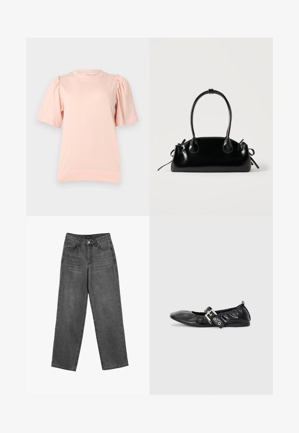 Lichtroze shirt met korte mouwen, opgepofde schouders en geplooide stofdetails bij de halslijn, weergegeven op een effen achtergrond.; Zwarte high-waisted straight-leg jeans met een knoop aan de voorkant en zakken, weergegeven op een witte achtergrond.; Zwarte leren platte schoen met een spitse neus, geplooide details rond de opening en een zilveren gespaccentueerde verstelbare band.; Kleine zwarte glanzende handtas met twee lange hengsels en zijkant trekkoord details op een effen lichte achtergrond.