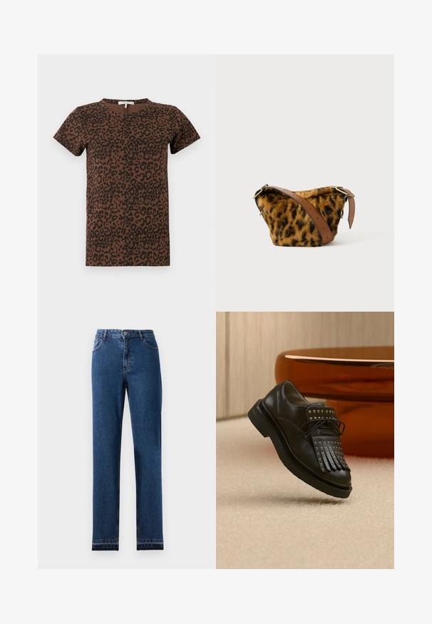 Brun t-shirt med sort leopardmønster, rund hals, korte ærmer, lavet af blødt stof, med en afslappet pasform og uden synligt hardware.; Blå denim jeans med lige ben-design, fem lommer og en knap-lukning. Har kontrast søm og en let falmning.; Sort læder snøresko med dekorativ frynse og metalnitter placeret på beige tæppe nær brunt møbel.; Leopardmønstret faux fur taske med en brun læderrem, der har en rund form og guldbelægning.