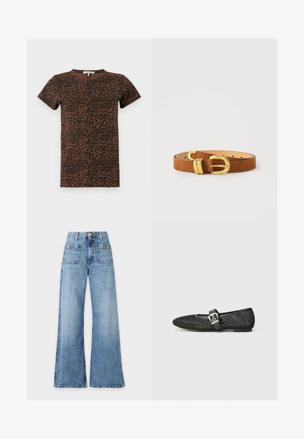 Brun t-skjorte med svart leopardmønster, rund hals, korte ermer, laget av mykt stoff, med en avslappet passform og uten synlige detaljer.; Blå jeans med høy midje og vide ben, med beltestropper, påsydde lommer foran, knapp og glidelås.; Sorte ballerina flats i mesh med spiss tå, med flat hæl og en spennerem over ankelen; teksturert overflate med et vevd mønster.; Brunt semsket belte med gullfarget metallspenne og to gullfargede beltesløyfer, lagt flatt på hvit bakgrunn.