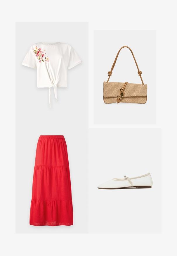 Witte T-shirt met korte mouwen en een geknoopt front. Kenmerkt zich door bloemenbroderie in roze en geel aan de linkerkant. Zacht katoenen materiaal.; Rode katoenen maxi rok met een elastische tailleband, voorzien van drie gelaagde ruches en een gladde textuur. Eenvoudig ontwerp zonder zichtbare patronen.; Witte Mary Jane platte schoen met puntige neus, dun verstelbaar bandje met zilveren gesp en bruine zool op een witte achtergrond.; Rechthoekige geweven beige handtas met een lichtbruine leren band met knopen en een goudkleurige haaksluiting op een effen achtergrond.