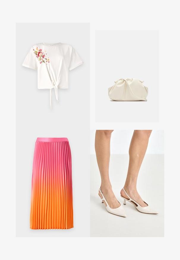 Witte T-shirt met korte mouwen en een geknoopt front. Kenmerkt zich door bloemenbroderie in roze en geel aan de linkerkant. Zacht katoenen materiaal.; Plissérok met een verloop van roze naar oranje, voorzien van een soepele tailleband en een vloeiend ontwerp, gemaakt van lichte stof.; Beige gepatineerde leren slingback hakken met een spitze neus en een hak van 5 cm, met uitsparingen aan de zijkanten en een dunne enkelband.; Zachte, crèmekleurige leren clutch met geplooid, gerimpeld ontwerp en een dunne schouderriem die vooraan op een effen achtergrond ligt.