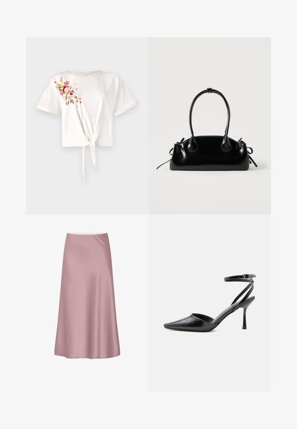 Camiseta blanca de manga corta con un nudo en la parte delantera. Presenta bordados florales en rosa y amarillo en el lado izquierdo. Material de algodón suave.; Falda midi de satén rosa suave con una silueta en línea A y una tela lisa y fluida.; Zapato de tacón alto negro de punta fina con delgadas correas en el tobillo y cierre de hebilla plateada sobre un fondo liso claro.; Pequeño bolso negro brillante con dos asas largas y detalles de cordón lateral sobre un fondo claro liso.