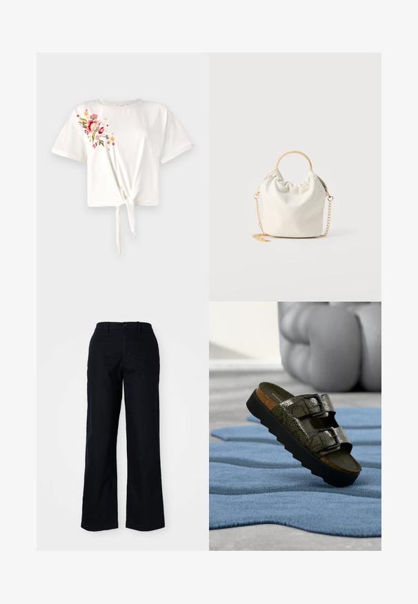 T-shirt blanc à manches courtes avec un devant noué. Présente une broderie florale en rose et jaune sur le côté gauche. Matière en coton doux.; Pantalons noirs à jambes larges en coton. Dotés d'une fermeture à bouton à l'avant, de passants de ceinture et d'une texture lisse. Pas de motifs ou d'accents visibles.; Sandales vertes à motif serpent avec brides à double boucle, semelle intérieure en liège et une épaisse semelle plateforme noire reposant sur un tapis bleu.; Petite sac à main blanc tissé avec poignée ronde en or et bandoulière chaîne en or, présenté sur un fond neutre.
