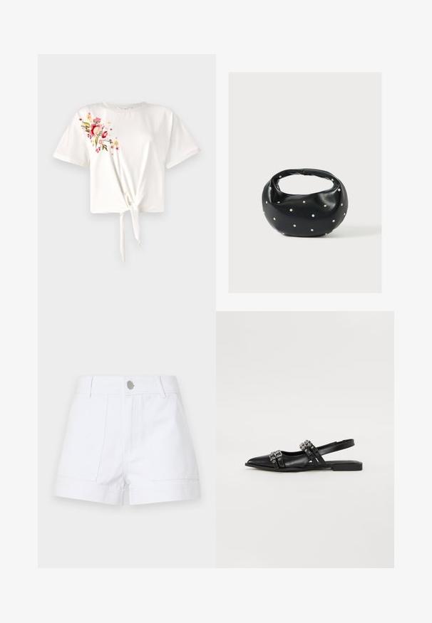 Weißes T-Shirt mit kurzen Ärmeln und geknoteter Vorderseite. Mit floralem Stickdesign in Pink und Gelb auf der linken Seite. Aus weichem Baumwollmaterial.; Weiße Jeansshorts mit hoher Taille, zwei Fronttaschen und silberner Knopfverschluss. Gerader Beinschnitt mit umgeschlagenen Säumen.; Even&Odd Sling-Ballerina - black; Schwarze Lederhandtasche mit abgerundeter Form, verziert mit silbernen Nietenakzenten und kurzem Griff. Glatte Struktur und Reißverschlussverschluss.