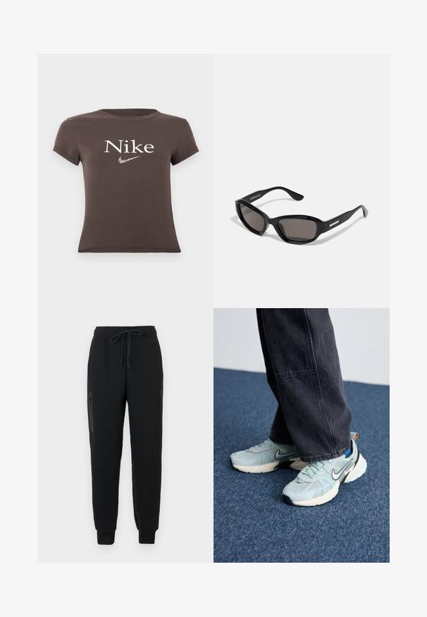 Brun kortærmet crop top med "Nike" tekst og leopardprintet Nike swoosh logo centreret på brystet.; Sorte sweatpants med snoretræk i taljen, lynlåslomme i siden og tætsiddende nederste kant. Fremstillet af blødt, struktureret stof.; Lyseblå mesh Nike sneakers med struktureret finish, sort swoosh og cremefarvet mellemsål, parret med mørkegrå vide bukser.; Sorte solbriller med rektangulært stel, mørke linser, glat plastmateriale og en metalaccent på templet.