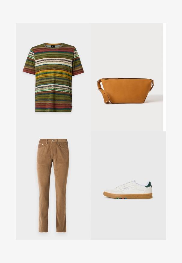 T-shirt à manches courtes avec col rond et motif rayé multicolore horizontal en tons verts, marron, jaune, bleu et blanc sur fond uni.; Pantalons en velours côtelé marron avec une coupe ajustée, comprenant cinq poches, une fermeture à bouton et un détaillage cousu le long des coutures.; Baskets en cuir blanc avec design perforé, semelle en caoutchouc translucide, accent de talon vert et détail à rayures colorées sur le côté.; Sac bandoulière en cuir marron clair avec sangle réglable et fermeture éclair, présenté sur un fond clair uni.