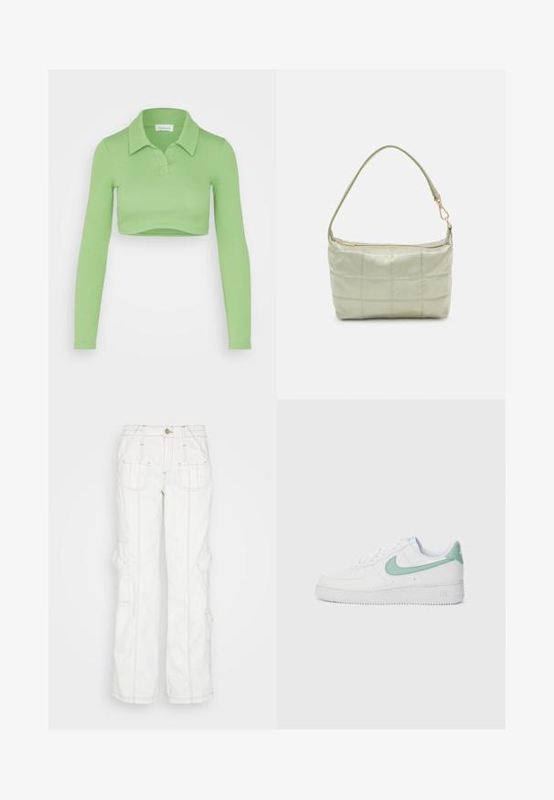 Even&Odd Langarmshirt - green; BDG Urban Outfitters Jeans Relaxed Fit - white; Weiße Leder-Sneaker mit einem mintgrünen Nike-Swoosh und Ferseneinsatz, strukturiertem Außensohlen und klassischem Schnürdesign.; Gepolsterte grüne Schultertasche mit weicher Textur, rechteckiger Form, einem Trageriemen und goldfarbener Reißverschlussöffnung. Verfügt über ein gestepptes Muster.