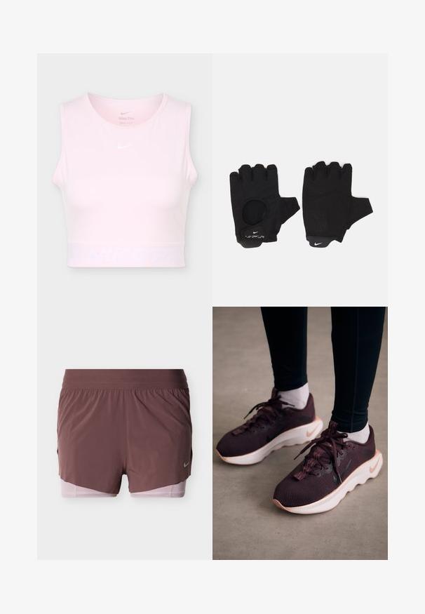Lichtroze mouwloos cropped sporttopje met ronde halslijn en wit Nike Swoosh-logo op borst en tailleband.; Korte broek in diep mauve met een lichtgewicht ontwerp, voorzien van een brede tailleband en een roze binnenvoering. Heeft een klein logodetail aan de zijkant.; Bordeauxrode sportschoenen met een gewoven bovenwerk, witte zool en zwart Nike-logo. Voorzien van ronde veters en patroonvormige veterlussen.; Zwarte vingerloze handschoenen met een gestructureerd ontwerp. Gemaakt van een ademend materiaal, met een duimopening en versterkte palm voor grip.