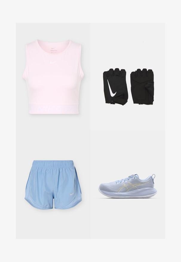 Lyserød ærmeløs kort sports-top med rund halsudskæring og hvid Nike Swoosh-logo på brystet og linningen.; Lyseblå atletikshorts med elastisk talje, buede sidelommer og hvid Nike swoosh-logo på fronten af højre ben.; Lyseblå atletiksko med en struktureret overdel, hvid sål og guld accentstriber. Funktionen inkluderer snørebånd og en bagbom.; Sorte fingerløse træningshandsker lavet af åndbart stof, med et hvidt Nike-logo, polstrede håndflader og et åbent håndledsdesign for fleksibilitet.