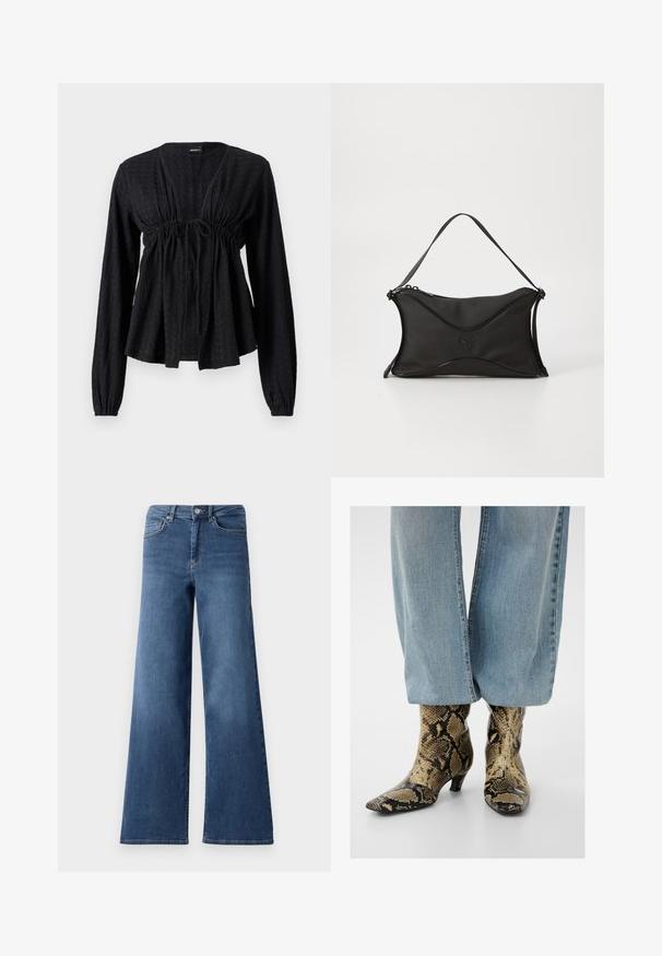 Sort langærmet bluse med struktur og V-hals, samlet talje, snøre detalje og flaret kant. Blødt stof med et subtilt mønster.; Bredde ben blå denimjeans med en standard talje, forlommer og en glat tekstur. Ingen synlige mønstre eller udsmykninger.; Blå denimjeans, der delvist dækker spidsede ankelstøvler med lav hæl og brunt og sort slangeskinmønster.; Sort håndtaske lavet af et blødt, struktureret materiale. Har et bølget design, en enkelt skulderrem og en subtil logo-detalje på fronten.