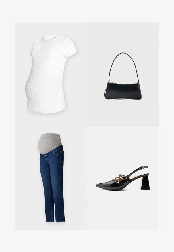 Weißes, geripptes Umstandstop mit rundem Ausschnitt und kurzen Ärmeln, entworfen, um über einem wachsenden Bauch zu sitzen. Glatte Textur.; Schwangerschaftsjeans mit einem hellgrauen elastischen Bündchen und blauer Denim-Optik. Enger Schnitt, gerade Passform mit ausgefranstem Saum am unteren Ende.; Schwarzer Slingback-Pumps aus Lackleder mit zwei vorderen Riemen mit Schnallen und einem klobigen, ausgestellten 6 cm hohen Absatz auf schlichtem hellem Hintergrund.; Schwarze rechteckige Handtasche mit dünnem Riemen und Reißverschluss, vor einem schlichten weißen Hintergrund.