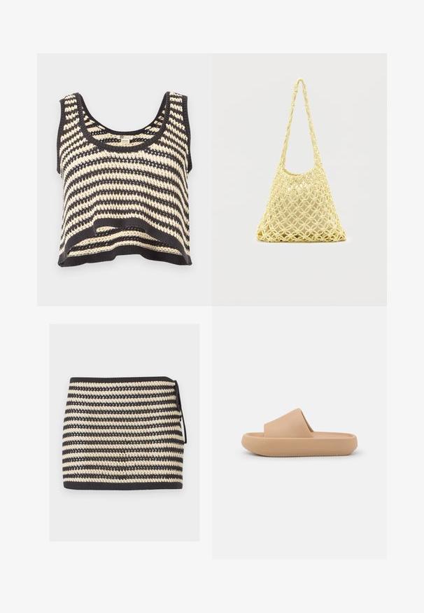 Top court sans manches en tricot rayé noir et blanc avec encolure ronde et motif texturé.; Mini-jupe en maille rayée noire et beige avec un nœud sur le côté et un motif en maille ouverte texturé.; Sandale glissante beige avec une large sangle texturée et une semelle arrondie. Présente une finition lisse et un dessous cranté pour une meilleure adhérence.; Sac en filet macramé jaune avec longue bandoulière et pochette beige à l'intérieur, présenté sur un fond blanc uni.