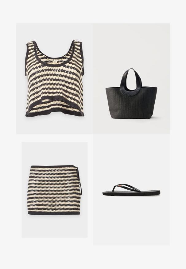 Zwart-wit gestreepte gebreide mouwloze cropped top met ronde halslijn en gestructureerd patroon.; Zwart-beige gestreepte gebreide minirok met zijstrik en gestructureerd open geweven patroon.; Zwarte flip-flops met een vlakke zool, voorzien van dunne banden en een gestructureerde voetbed. Kleine logo-accent op de band. Eenvoudig, minimalistisch ontwerp.; Zwarte getextureerde tote bag met brede afgeronde handvatten met het geperste merknaam "Samsøe Samsøe" op een neutrale achtergrond.