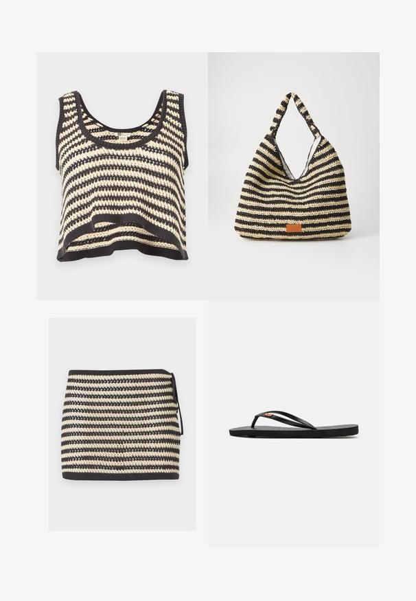 Top corto de punto sin mangas con rayas negras y blancas, escote redondo y patrón texturizado.; Mini falda de punto con rayas negras y beige, con lazada lateral y patrón tejido abierto texturizado.; Chanclas negras con suela plana, que presentan correas delgadas y una plantilla texturizada. Pequeño logo en la correa. Diseño simple y minimalista.; Bolsa tejida a rayas en negro y beige, con un diseño holgado, superficie texturizada y un pequeño parche de cuero.