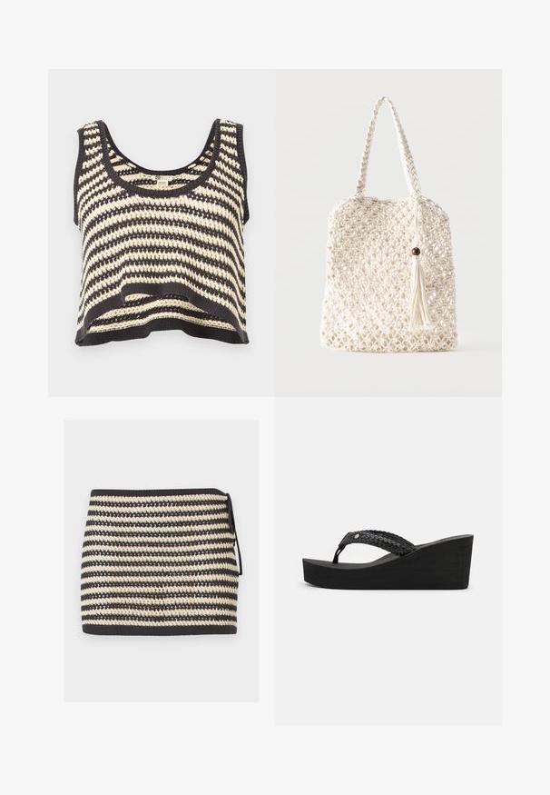 Zwart-wit gestreepte gebreide mouwloze cropped top met ronde halslijn en gestructureerd patroon.; Zwart-beige gestreepte gebreide minirok met zijstrik en gestructureerd open geweven patroon.; Zwarte wedge-sandalen met een geweven bandontwerp, voorzien van een textuur en een comfortabele zool. Geen zichtbare merknaam of versieringen.; Witte geweven katoenen draagtas met gevlochten handvatten en een hangende kwast met een houten kraaldetail.