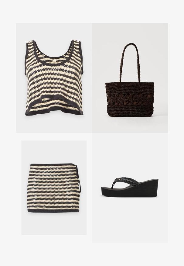 Zwart-wit gestreepte gebreide mouwloze cropped top met ronde halslijn en gestructureerd patroon.; Zwart-beige gestreepte gebreide minirok met zijstrik en gestructureerd open geweven patroon.; Zwarte wedge-sandalen met een geweven bandontwerp, voorzien van een textuur en een comfortabele zool. Geen zichtbare merknaam of versieringen.; Donkerbruine gevlochten draagtas met bloemenpatronen en twee lange gevlochten handgrepen op een effen lichte achtergrond.