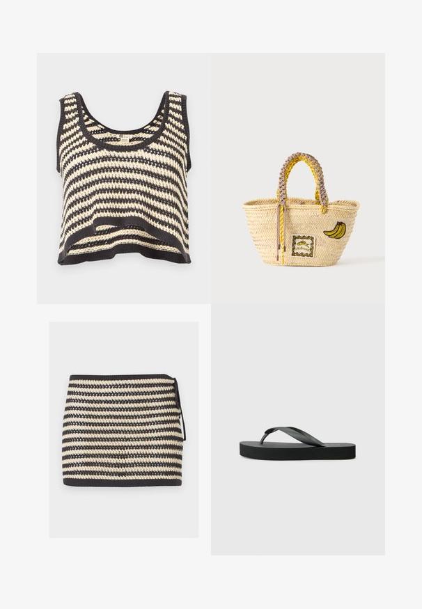 Sort-hvid stribet strikket ærmeløs cropped top med rund halsudskæring og tekstureret mønster.; Sort og beige stribet strikket mininederdel med bindebånd i siden og tekstureret åben vævet mønster.; Sort flip-flop med flad gummisål og tyndt remdesign. Den øverste rem er let buet, hvilket giver et minimalistisk udseende.; Flettet stråtaske med flettede gule og beige håndtag, dekoreret med banan-patch og lille indrammet fiske-design foran.