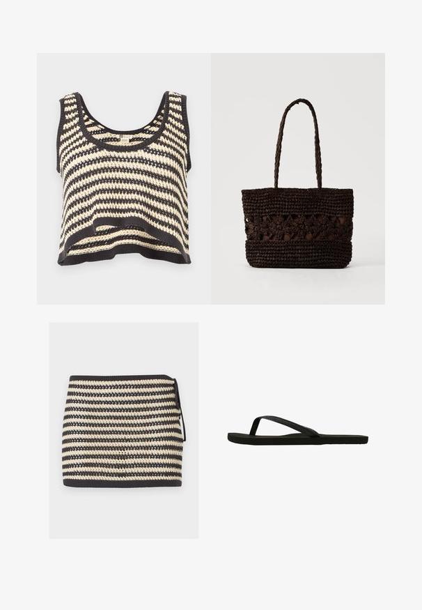 Top court sans manches en tricot rayé noir et blanc avec encolure ronde et motif texturé.; Mini-jupe en maille rayée noire et beige avec un nœud sur le côté et un motif en maille ouverte texturé.; Tong noir avec une lanière texturée et une semelle plate. La lanière présente une légère brillance. Design simple, léger et forme flexible.; Sac fourre-tout tissé brun foncé avec des motifs floraux et deux longues poignées tressées sur un fond clair uni.