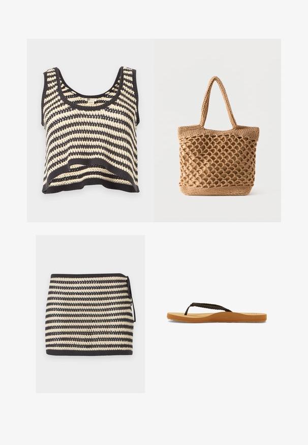 Sort-hvid stribet strikket ærmeløs cropped top med rund halsudskæring og tekstureret mønster.; Sort og beige stribet strikket mininederdel med bindebånd i siden og tekstureret åben vævet mønster.; Brune flettede rem flip-flop med en blød sål og tan fodseng, der har et afrundet design og struktureret gummisål for godt greb.; Tan vævet shoppertaske med åben netstruktur og solid bund, udstyret med to skulderstropper.