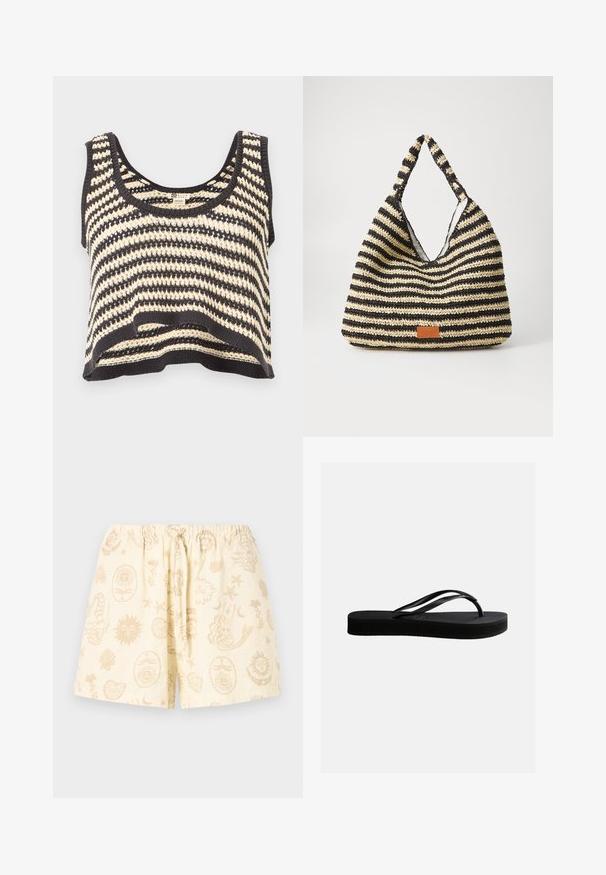 Top corto de punto sin mangas con rayas negras y blancas, escote redondo y patrón texturizado.; Pantalones cortos de cintura elástica de color crema con cordón, decorados con patrones abstractos en beige de sol, luna, concha y sirena.; Chancla negra de goma con suela texturizada y correa en forma de Y, mostrada en vista lateral sobre un fondo liso y claro.; Bolsa tejida a rayas en negro y beige, con un diseño holgado, superficie texturizada y un pequeño parche de cuero.