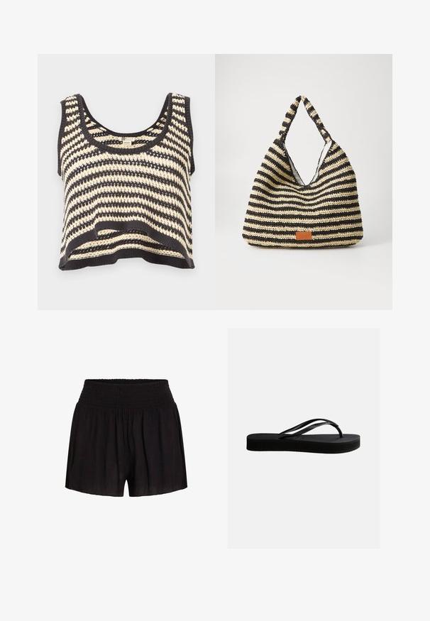 Top court sans manches en tricot rayé noir et blanc avec encolure ronde et motif texturé.; Shorts noirs en tissu léger, avec une ceinture froncée et une coupe ample, dotés d'une surface douce et légèrement texturée.; Tongs en caoutchouc noir avec semelle texturée et bride en forme de Y, vues de côté sur un fond clair uni.; Sac tissé rayé en noir et beige, avec un design décontracté, une surface texturée et une petite pièce en cuir en accent.