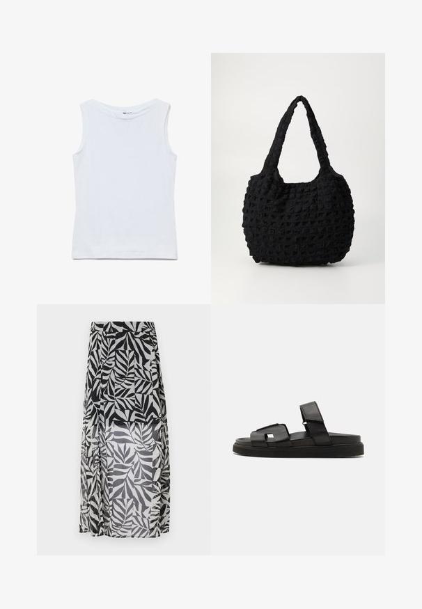 Camiseta blanca sin mangas de algodón con un amplio escote redondo y dobladillo recto, mostrada extendida sobre un fondo blanco.; Falda larga de tela transparente en blanco y negro con un patrón de hojas, que cuenta con una cinturilla con cordón y aberturas laterales para mayor movimiento y estilo.; Sandalias planas de cuero negro con diseño de tiras anchas con recortes geométricos y un acabado texturizado, complementadas con una suela gruesa de goma.; Bolso de tela negra con un patrón texturizado y tejido. Presenta una forma suave y redondeada y asas cortas y resistentes.
