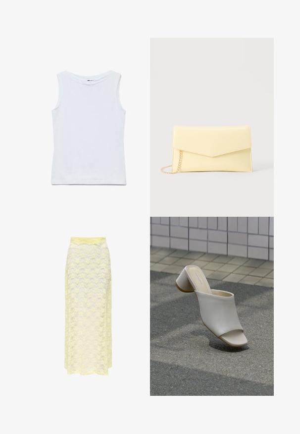 Camiseta blanca sin mangas de algodón con un amplio escote redondo y dobladillo recto, mostrada extendida sobre un fondo blanco.; Falda maxi amarilla de encaje con un patrón ondulado, que cuenta con una cinturilla lisa y una textura suave y translúcida. Diseñada para una silueta ligera y fluida.; Un zapato mule blanco abierto en la punta con tacón ancho sobre suelo pavimentado cerca de una pared de azulejos, inclinado para mostrar vistas lateral y superior.; Bolso de mano rectangular de color amarillo pálido con solapa puntiaguda y cadena dorada sobre un fondo neutro.