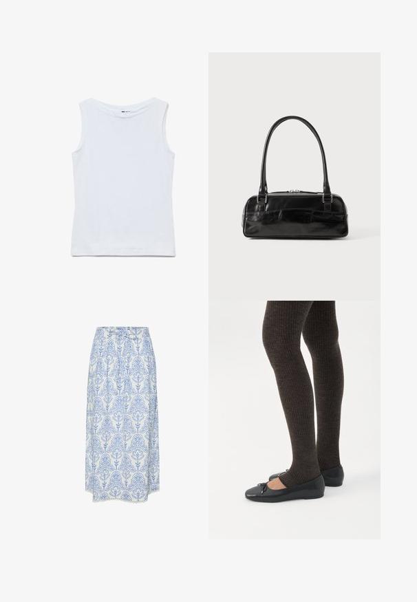 Camiseta blanca sin mangas de algodón con un amplio escote redondo y dobladillo recto, mostrada extendida sobre un fondo blanco.; Falda blanca con patrón floral azul, con pliegues y un borde de encaje en el dobladillo. Fabricada con tela ligera, con una cintura ajustable.; Piernas con leggings oscuros acanalados combinados con bailarinas negras que presentan pequeños detalles de lazo sobre un fondo blanco.; Bolso de mano de cuero negro con forma rectangular, equipado con un asa estructurada, herrajes en plata y cierre de cremallera. Textura suave.