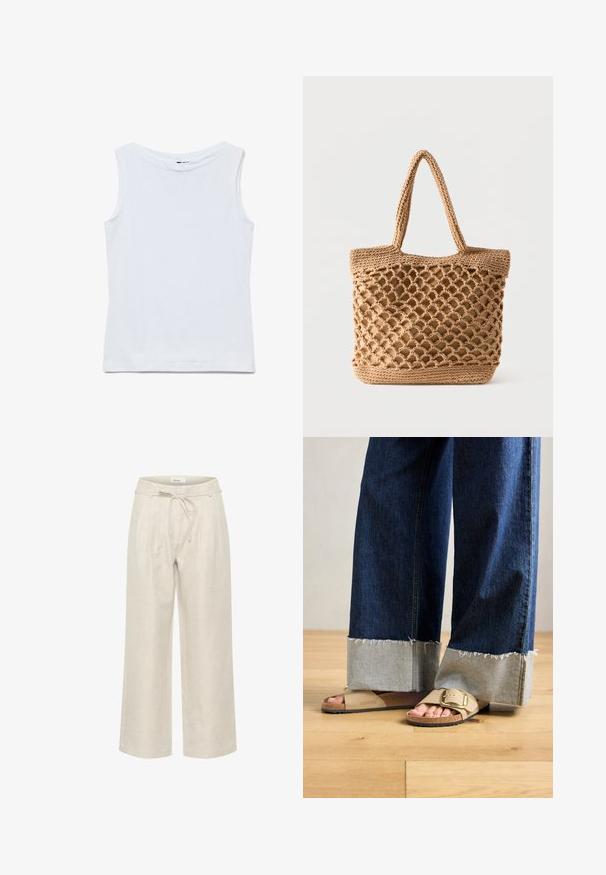 Camiseta blanca sin mangas de algodón con un amplio escote redondo y dobladillo recto, mostrada extendida sobre un fondo blanco.; Pantalones de lino beige de pierna ancha con cinturilla de cordón y pliegues frontales, con una textura suave y corte a la altura del tobillo.; Pies con sandalias Birkenstock beige con hebillas de oro, combinadas con jeans de mezclilla azul oscuro enrollados en los puños, de pie sobre un suelo de madera.; Bolso tote tejido de tono marrón con diseño abierto de red y base sólida, con dos asas para el hombro.