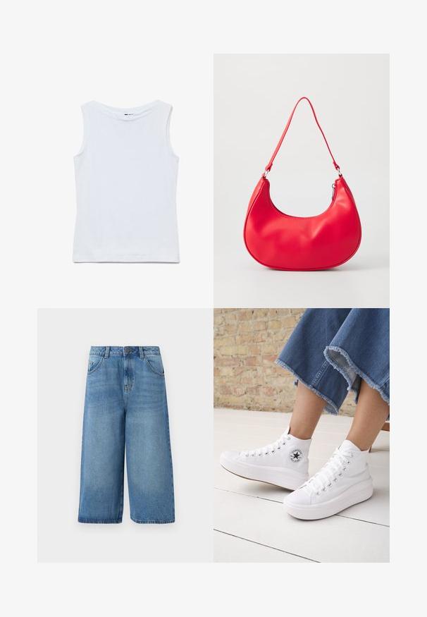 Camiseta blanca sin mangas de algodón con un amplio escote redondo y dobladillo recto, mostrada extendida sobre un fondo blanco.; Pantalones cortos de mezclilla azul claro con un ajuste holgado, dos bolsillos frontales y cierre de botón, con un corte recto y dobladillo deshilachado.; Persona que lleva zapatillas Converse altas blancas con suelas gruesas y vaqueros azules recortados con dobladillo deshilachado frente a una pared de ladrillos y suelo blanco.; Bolso de hombro de piel sintética roja con forma curvada, correa delgada y cierre de cremallera. Textura suave con detalles de costura visibles.