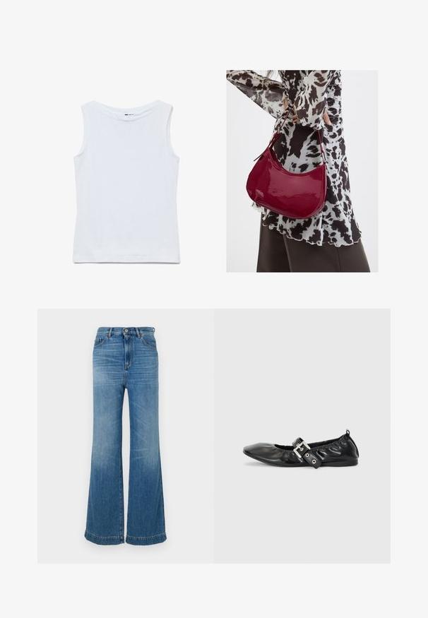 Ärmelloses weißes Baumwolltop mit weitem Rundhalsausschnitt und geradem Saum, flach auf weißem Hintergrund gezeigt.; Helle blaue Schlagjeans aus Denim mit hoher Taille, fünf Taschen, passender Naht und rohem Saum.; Schwarze Leder-Ballerinas mit spitzem Zehenbereich, gerafften Details am Schaft und einem silbernen Schnallenakzent am verstellbaren Riemen.; Frau trägt eine schwarz-weiß gemusterte Bluse und hält eine glänzende rote Schultertasche vor einem einfarbigen Hintergrund.
