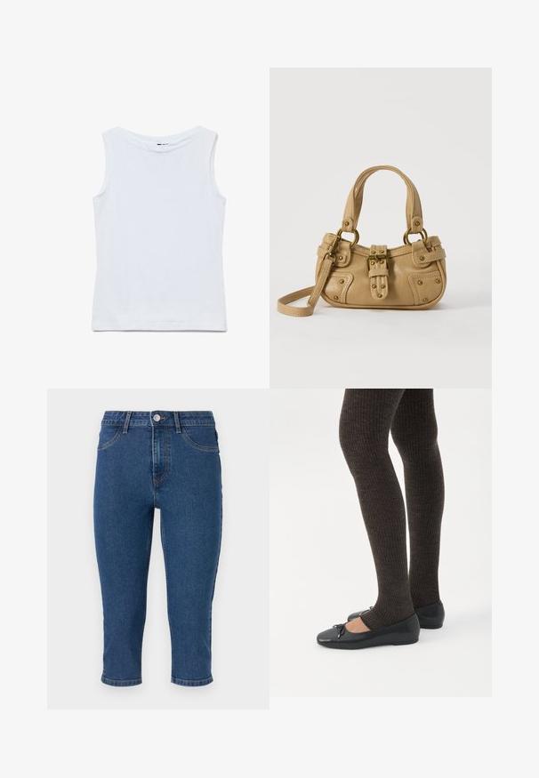 Mouwloze witte katoenen top met een brede ronde hals en rechte zoom, plat uitgestald op een witte achtergrond.; Donkerblauwe denim capri-broeken met een hoge taille, vijf zakken en contrasterende stiksels. Bevat een enkele metalen knoop en een lichte tapering aan de zoom.; Benen met donkere geribbelde leggings gecombineerd met zwarte ballerina's met kleine strikdetails op een witte achtergrond.; Beige leren handtas met dubbele handvatten, messing gesps en klinknagel details, en een verstelbare schouderriem tegen een witte achtergrond.