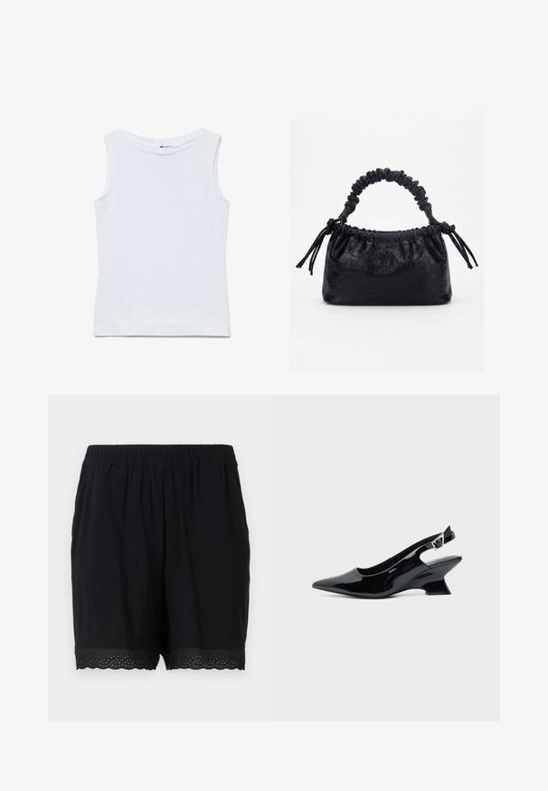 Haut blanc sans manches en coton avec un large col rond et un ourlet droit, présenté à plat sur un fond blanc.; Shorts noirs en coton avec une taille élastique et un ourlet festonné, comportant des détails perforés sur les bords. Tissu doux et léger.; Chaussure slingback en cuir verni noir avec bout pointu et petit talon bloc incliné sur fond clair uni.; Sac à main noir avec texture crocodile, bord supérieur froncé, poignée plissée et pompons à cordon de chaque côté sur fond blanc.