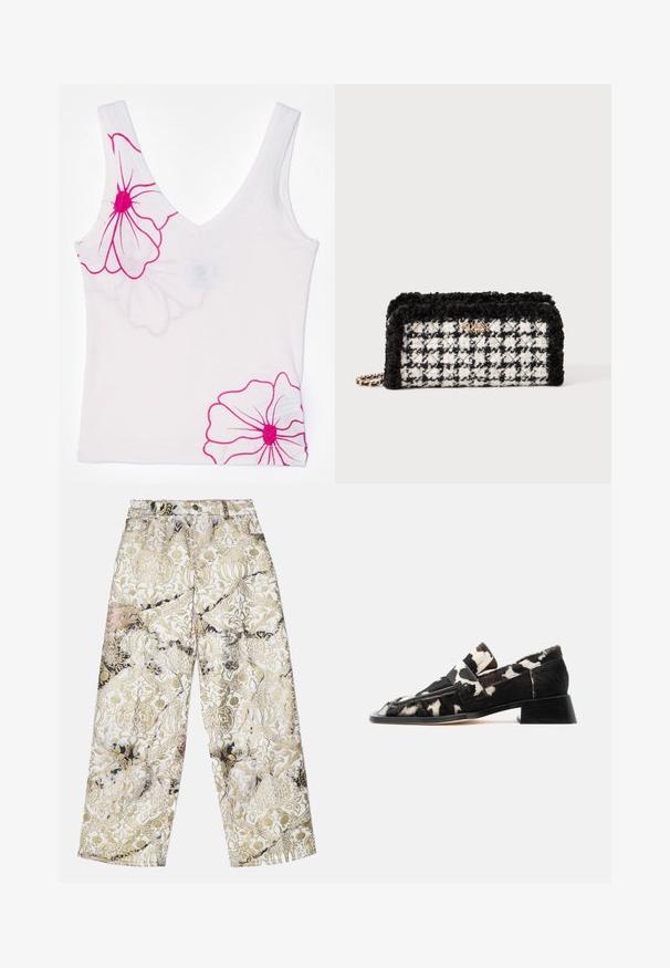 Hvid tanktop med V-halsdesign, prydet med store lyserøde blomstermønstre på venstre skulder og nederste højre, lavet af blødt stof.; Bredde bukser lavet af et tekstureret stof med et guld- og sort damaskmønster på en hvid baggrund, med en høj talje.; Loafer med sort-hvidt ko-lædermønster, lav blokhæl og spids tå, sideudsigt på ensfarvet lys baggrund.; En sort-hvid houndstooth-mønstrede taske med en tekstureret sort kant, guld brandlogo og en kædetræk. Rektangulær form med en blød overflade.