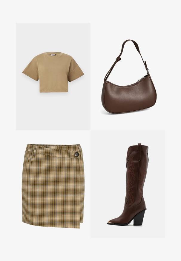 Kortærmet t-shirt i khaki bomuld. Har en rund halsudskæring og dropped skuldre med en glat, blød tekstur.; Brun og gulternet nederdel med blå detaljer. Har en lige skæring, sidelukning med knapper og glat tekstur.; RAID RIMSKY - Højhælede støvler - brown; Lille brun skuldertaske i læder med justerbar rem og lynlåslukning, vist mod hvid baggrund. Ingen synligt branding eller dekorationer.