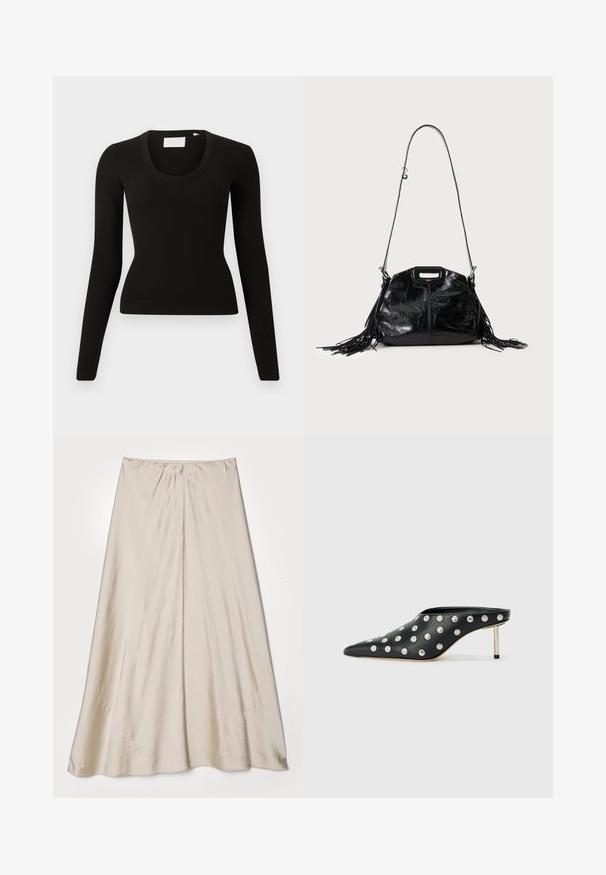 Haut noir à manches longues avec un col arrondi, en tissu côtelé, présentant une coupe ajustée et un design minimaliste. Aucun motif ni accent visible.; Jupe en satin beige avec une silhouette évasée. Présente une taille froncée et un éclat subtil, avec des coutures angulaires et une drapé fluide.; STAND STUDIO KELSEY - Mules à talons - black; Sac à main en cuir noir brillant avec une longue fine bandoulière et des pompons à franges des deux côtés sur un fond clair.