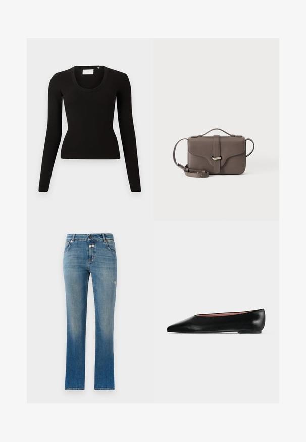 Zwarte top met lange mouwen en een ronde hals, gemaakt van geribd materiaal, met een slanke pasvorm en een minimalistisch ontwerp. Geen zichtbare patronen of accenten.; Lichtblauwe rechte spijkerbroek van denim. Beschikt over een middelhoge taille, voorzakken en een lichte slijtage op de stof.; Zwarte leren damesschoen met platte zool, puntige neus en lage hak, zijwaarts afgebeeld tegen een effen lichtgrijze achtergrond.; Bruine leren crossbodytas met bovenhandvat, voorflap en zilveren gesp, getoond tegen een effen witte achtergrond.