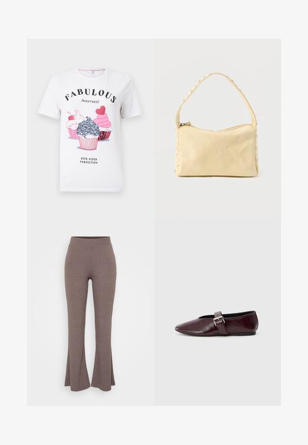 Wit T-shirt met korte mouwen met drie kleurrijke cupcake-illustraties, tekst "FABULEUZE ZOETHEID" erboven en "HAPKLARE PERFECTION" eronder.; Bruine geribbelde flared broeken met een hoge, rekbare tailleband en een zachte textuur, met een subtiel verticaal patroon in het geheel.; Bordeaux leren balletschoenen met een puntige neus, een platte zool en een decoratieve gesp over de wreef. Glad, glanzend oppervlak.; Kleine beige leren handtas met een enkele band en zilveren studs langs de randen en band, tegen een effen achtergrond.