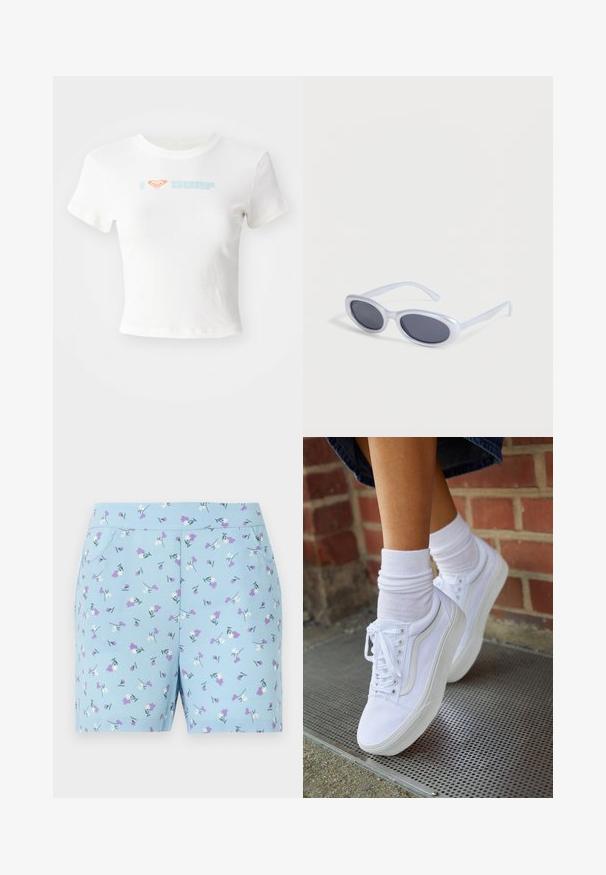 Witte cropped T-shirt van katoen, met een oranje hartje en "SURF" in lichtblauwe print op de voorkant. Korte mouwen, ronde hals.; Blauwe shorts van zachte stof, met een bloemenpatroon met witte en paarse bloemen, en zijzakken. Ontworpen voor comfort en stijl.; Witte canvas sneakers met rubberen zolen, voorzien van zes vetertjes, een ronde neus en lichte stikdetails, gecombineerd met witte enkelsokken.; Ovaalvormige zonnebril met wit montuur en donker getinte glazen, liggend op een witte ondergrond.