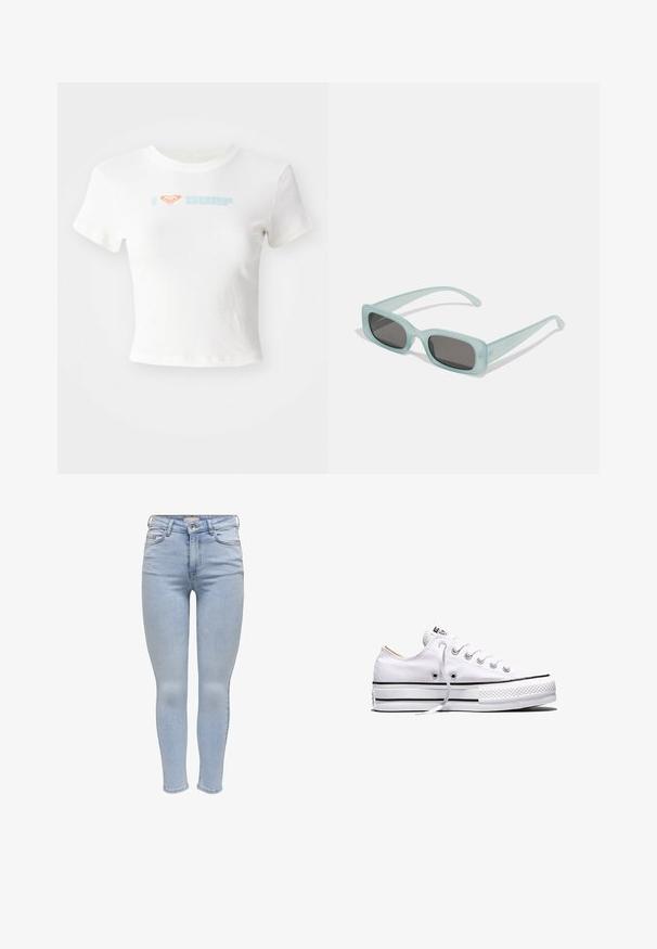 Valkoinen lyhyt t-paita, valmistettu puuvillasta, jossa oranssi sydänsymboli ja etupuolella vaaleansinisellä painettu "SURF"-teksti. Lyhyet hihat, pyöreä pääntie.; Vaaleansiniset skinny-farkut, jotka on valmistettu denimistä ja joissa on vetoketjusuljenta, viisi taskua sekä sileä pinta, jossa on minimaalista haalistumista.; Valkoinen matala kangaskenkä, jossa valkoiset nauhat, mustat raidat pohjassa ja kuminen, kuvioitu kärki, sivukuvassa valkoisella taustalla.; Pari rektangulaarisia aurinkolaseja, joissa on vaaleansiniset läpinäkyvät kehykset ja tummanharmaat linssit. Aurinkolasit ovat suorat temppeleiltään ja niissä on minimaalinen varusteiden määrä.