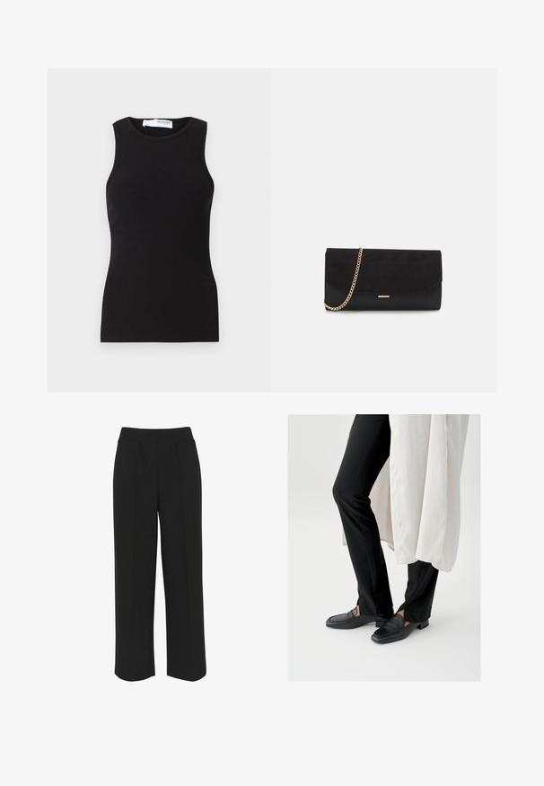 Débardeur noir à côtes sans manches avec un col rond. Fabriqué à partir d'un tissu extensible, il a une coupe ajustée et une texture lisse.; Pantalons larges noirs avec une taille plate, comportant des plis à l'avant et une texture lisse. Pas de poches ni de matériel visible.; Mocassins en cuir noir avec un bout carré et un petit talon carré, associés à un pantalon noir ajusté et une couche extérieure blanche fluide.; Porte-monnaie noir en daim avec une finition texturée, doté d'une chaîne dorée et d'un design épuré et angulaire.