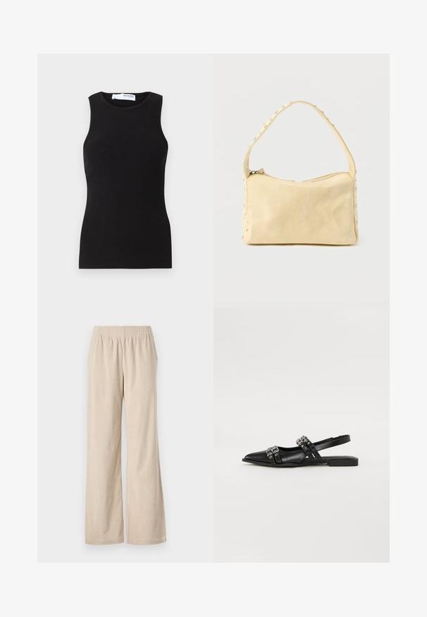 Débardeur noir à côtes sans manches avec un col rond. Fabriqué à partir d'un tissu extensible, il a une coupe ajustée et une texture lisse.; Pantalons larges en velours côtelé beige avec une taille élastique et une texture à côtes verticales, présentant un ourlet qui s'évase doucement au bas.; Even&Odd by Zalando Ballerines à brides arrière - black; Petit sac à main en cuir beige avec une seule bandoulière et des clous argentés le long des bords et de la bandoulière, posé sur un fond uni.